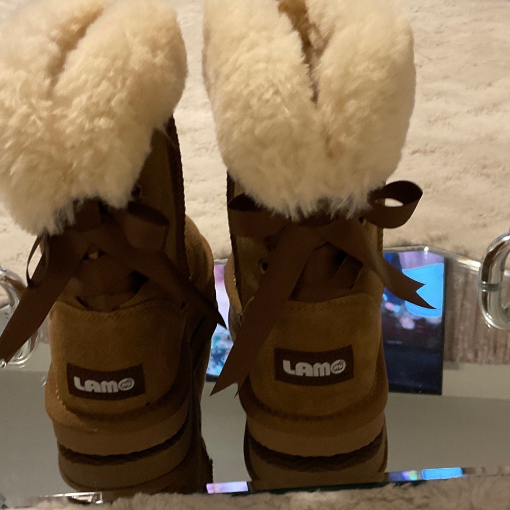 Lamo Kids Chestnut Brown Suede Fur-Trim Lace-Up Boots